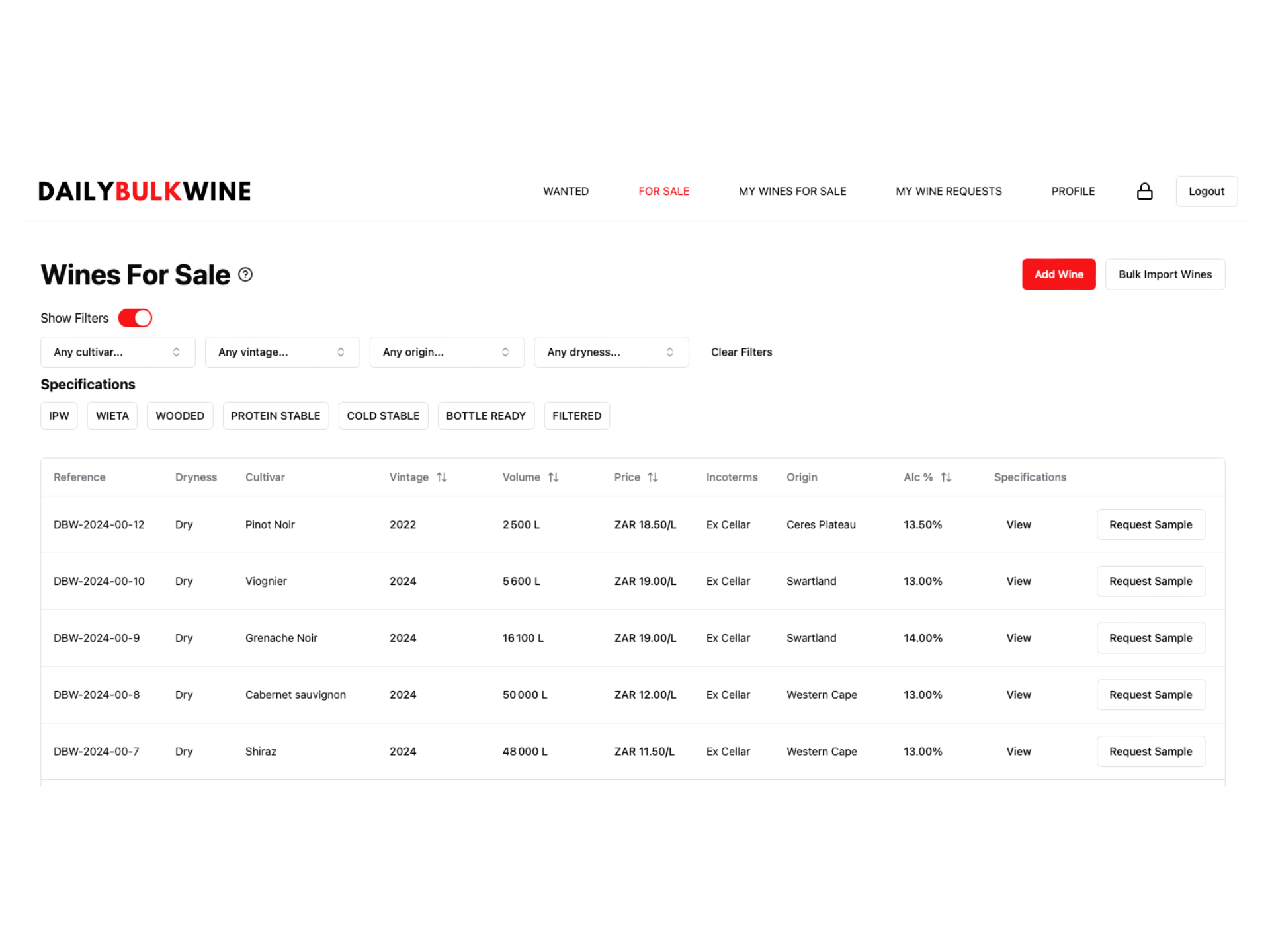 Wines For Sale Screenshot